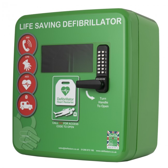 POLYCARBONATE OUTDOOR DEFIBRILLATOR CABINET WITH CODE LOCK, HEATING SYSTEM AND LED LIGHT